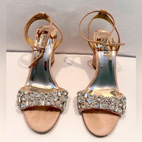 Badgley Mischka Light Pink Silk Jeweled Heels - Picture 2 of 6